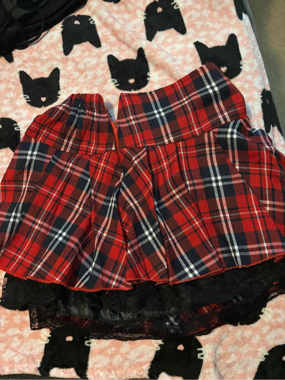 Red Plaid Pleated Mini Skirt with Lace Trim